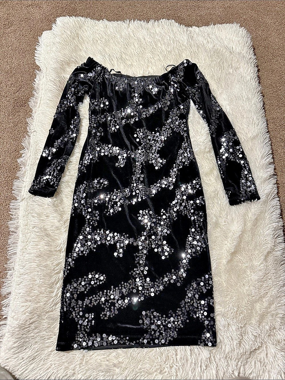 Eliza J Off the Shoulder Velvet Midi Dress Sequin Mini Black